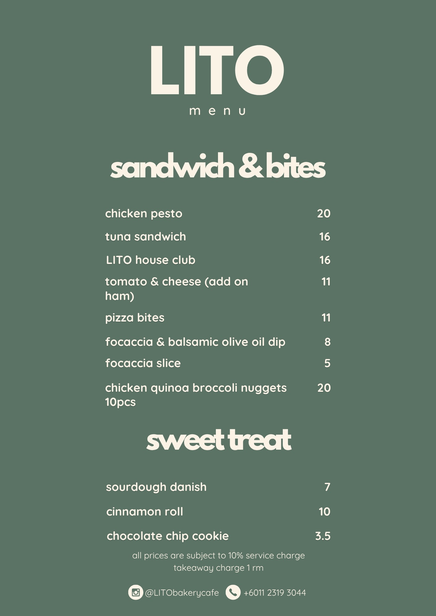 LITO café menu card: sandwiches & bites and sweet treats with prices