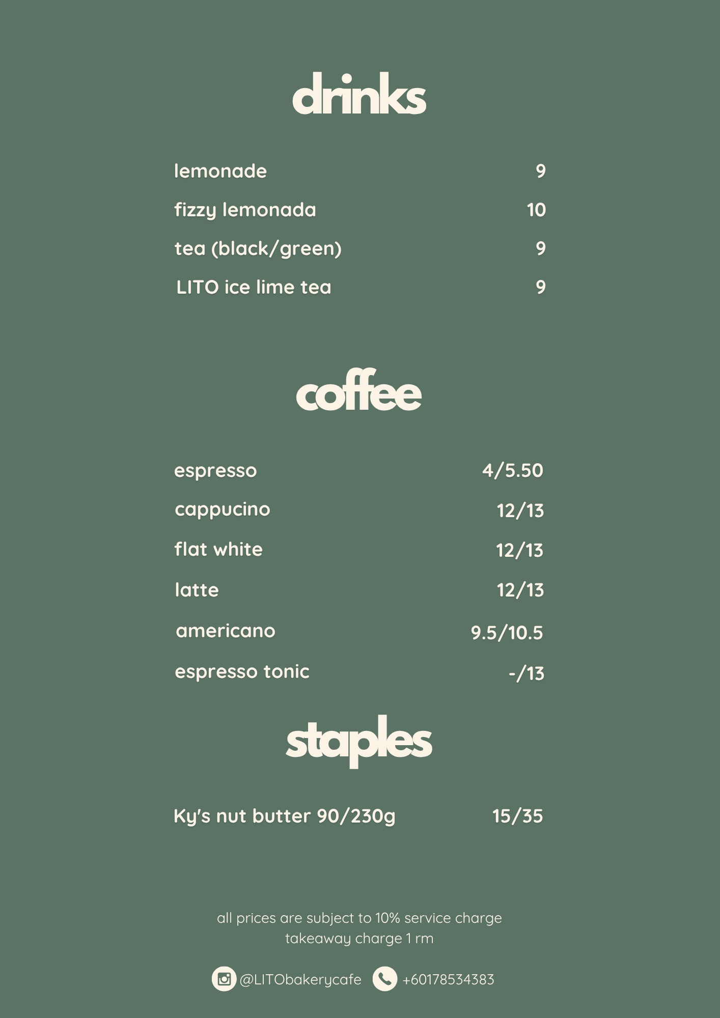 LITO drinks and coffee menu card with prices, plus Ky's nut butter