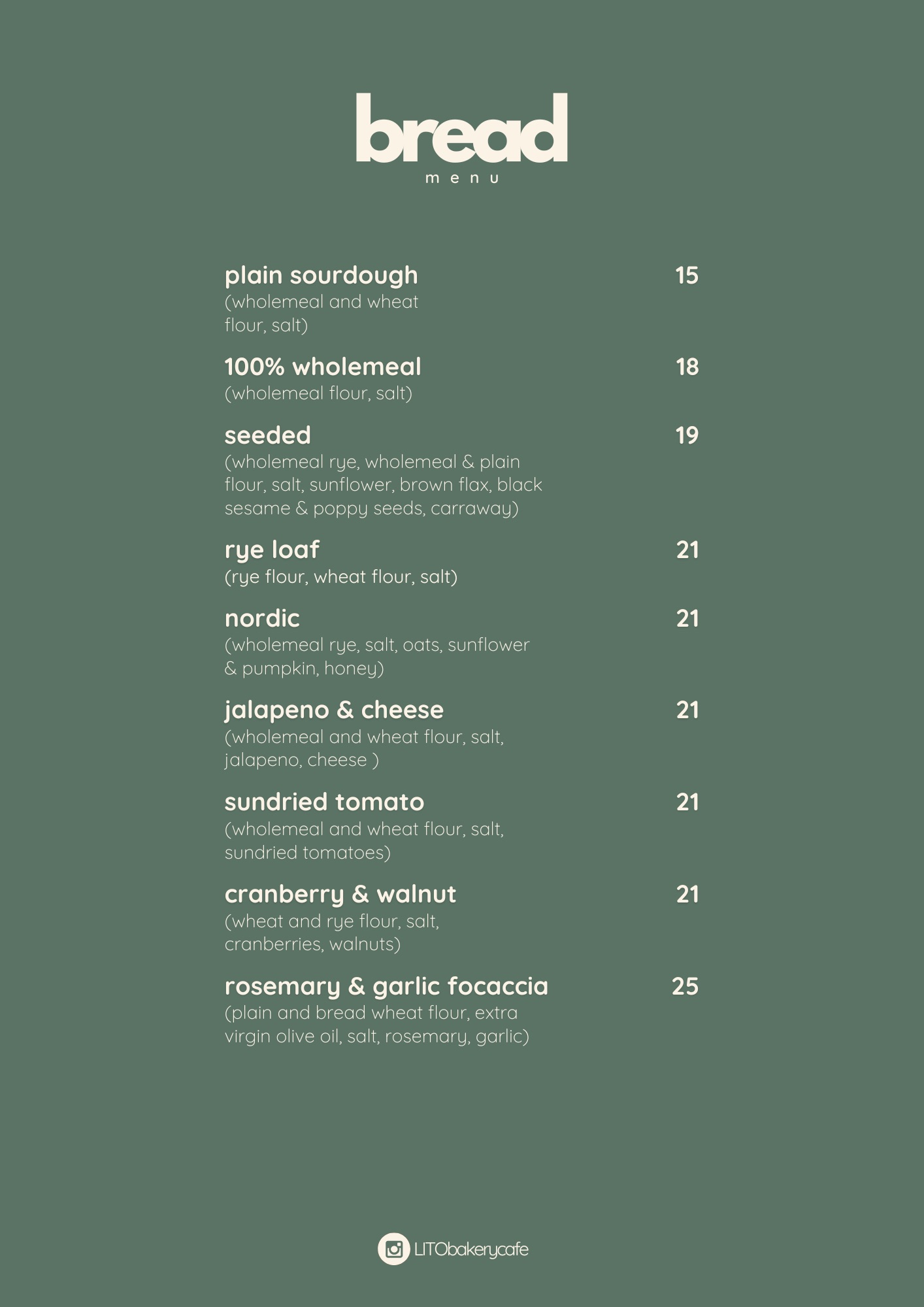 LITO bread menu card with prices: sourdough, wholemeal, seeded, rye, Nordic, flavoured loaves and focaccia